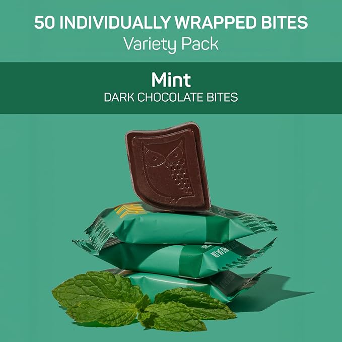 AWAKE - Caffeinated Chocolate Bites - Mint Dark Chocolate, 50 Bites - 50mg Caffeine - Individually Wrapped Energy Bites - Coffee Alternative - Fairtrade, Gluten Free, Non GMO - 0.48oz