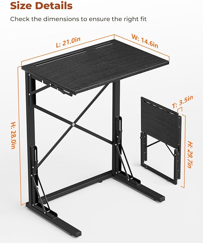 21''Wx28''H Folding TV Tray Set of 2, Small Foldable C-Shaped Tray Table for Eating with Tablet and Phone Slots, Slide Under Couch Side Table for Recliner, Living Room, Bedroom, Black