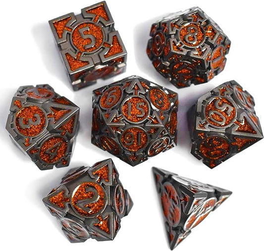 RULE DICE DND Metal Dice Set, Dungeons and Dragons D&D Dice Set, 7 die Metal DND Polyhedral Orange Dice Sets with Gift Box, MTG PRG D and D Dice for Role Playing Multiplayer Games