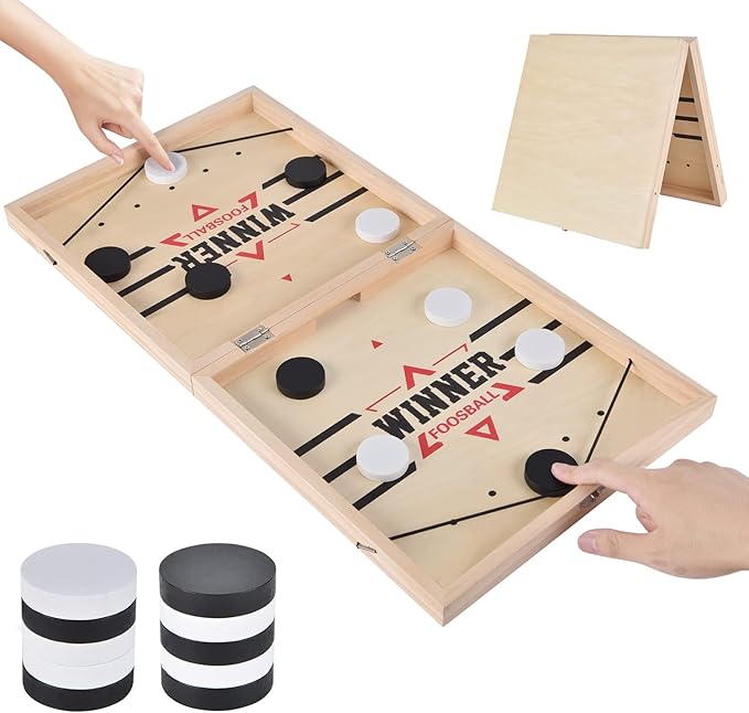 22.8" Foldable Large Fast Sling Puck Game, Slingshot Games Toy for Adults -Child,Table Desktop Battle Wooden Hockey Table Game, Family Foosball Winner Board Games Toys