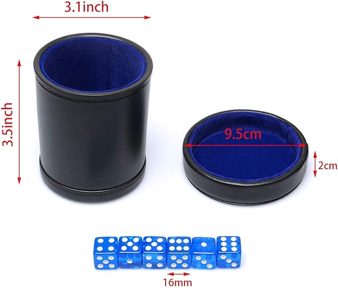 PU Leather Dice Cup with Lid, Blue Velvet Interior Quiet Dice Shaker Cup Including 6 BlueTranslucent Dice for Liars/Farkle/Yahtzee Games, 1 Pack