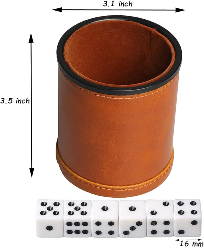 Leatherette Dice Cup with Lid includes 6 Dices, Velvet Interior Quiet in shaking for Liars Dice Farkle Yahtzee Board Games, Brown