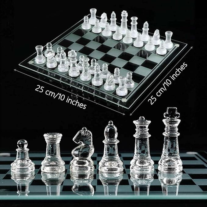 10"*10" Glass Chess Set Frosted and Clear Pieces Felted Bottom for Adult and Teens(Gift for Game Education)