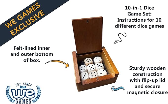 WE Games Wooden Dice Box with 8 Wooden Dice (19mm), Compact Wooden Dice Game Set with Instructions for 10 Classic Dice Games, Travel Games for Adults, Box with Magnetic Enclosure
