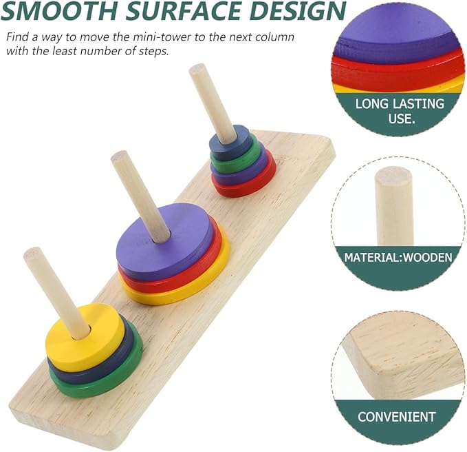 Colorful Wooden Tower of Hanoi Puzzle Game for Adults - Intellectual Brain Teaser, Home Decor, DIY Party Playing, 7.48 X 2.36 X 2.87 Inches