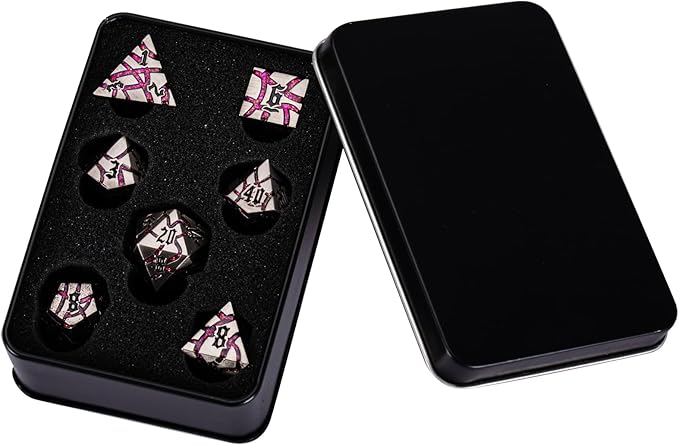 Metal Dice Set D&D,Crack Metallic DND Dice Set with Box, Metal Glitter RPG Dice for Dungeons and Dragons Table Game(Antique Silver Rose red)
