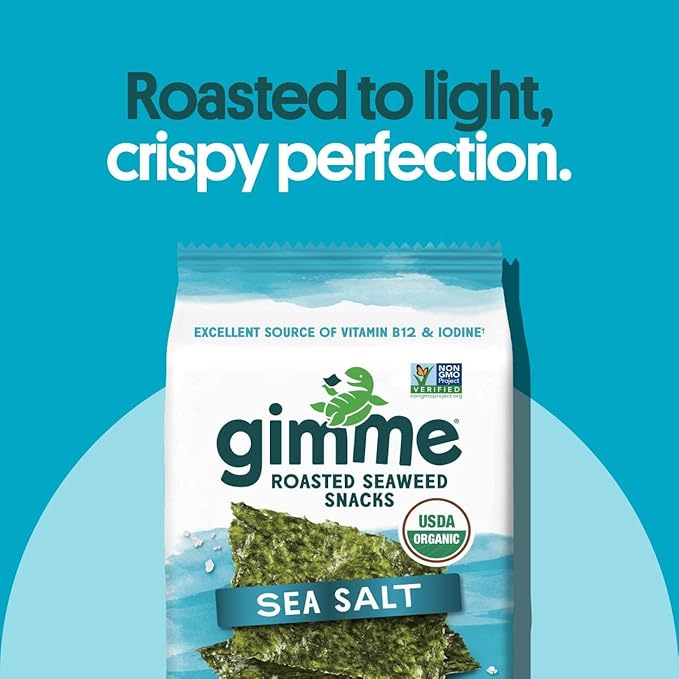 gimMe Organic Roasted Seaweed Sheets, Sea Salt, Keto, Vegan, Gluten Free, Great Source of Iodine and Omega 3’s, Healthy On-The-Go Snack for Kids & Adults, #1 Sea Salt, 0.17 Ounce (Pack of 40)