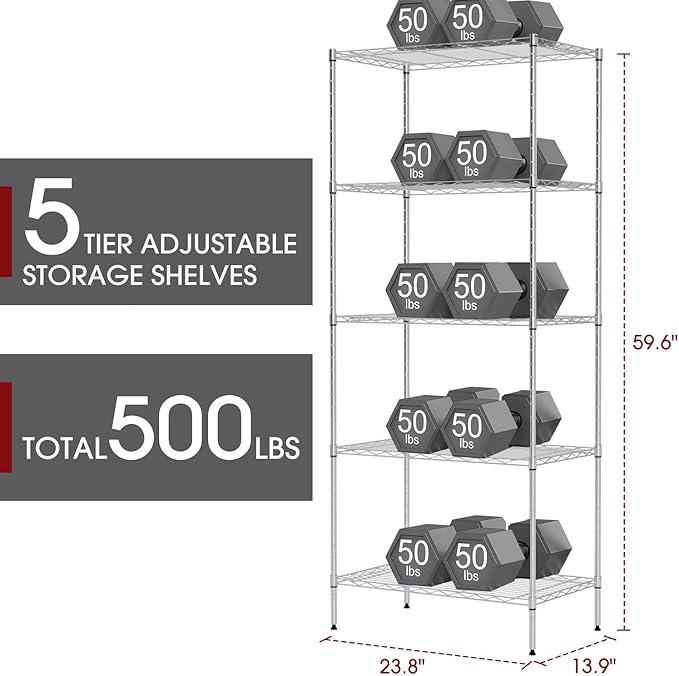 Large Wire Shelving Unit 5-Tier Metal Storage Shelves Heavy Duty Garage Shelving Adjustable Storage Shelf Rack with Leveling Feet for Home Kitchen Garage, 14" Dx23.8 Wx60 H, Chrome