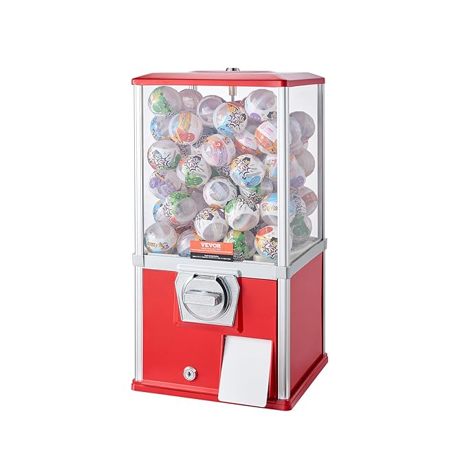 VEVOR Gumball Machine, 21" Height Home Vending Machine, PS Bouncy Balls Dispenser, Hold 180 Capsule Toys, Rectangle Bubble Gum Machine for Game Stores, Coin Operated Gumball Bank, Red