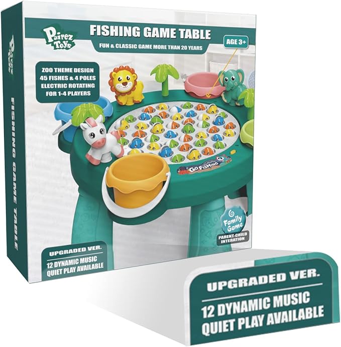 Fishing Game Toy Set, Kids Play Table w/Rotating Board, 45 Fishes & 4 Fishing Poles, Gifts for Children, Boys & Girls Aged 3 4 5 6+ (Upgraded Ver.)