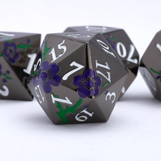 Black Metal Dice Set D&D,7pcs RPG Metal Flower Dice Set with Gift Box,RPG Polyhedral Metal Dice for Table Game(Black Nickel - Purple Green)