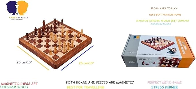 WOODEN MAGNETIC FOLDING CHESS SET 25 CM/10"", Brown