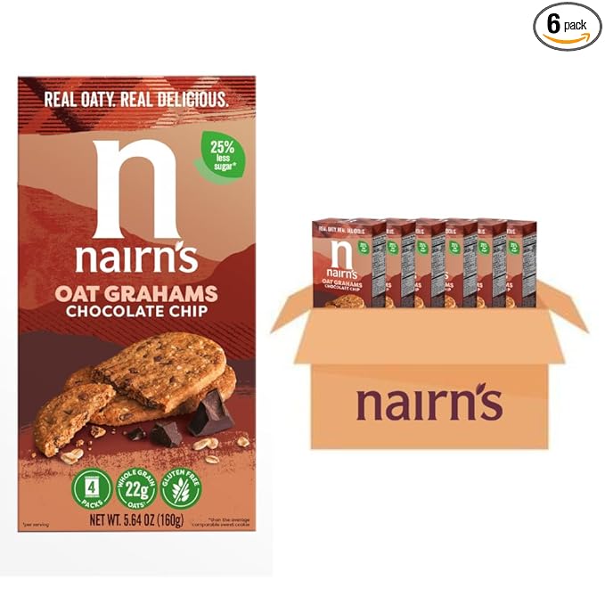 Nairn's Gluten-Free Chocolate Chip Oat Grahams - Healthy, Tasty and Safe for Celiacs. Perfect On-the Go Snack. High Fiber, No Artificial Colors, Flavors, or Preservatives, 5.64oz, Pack of 6