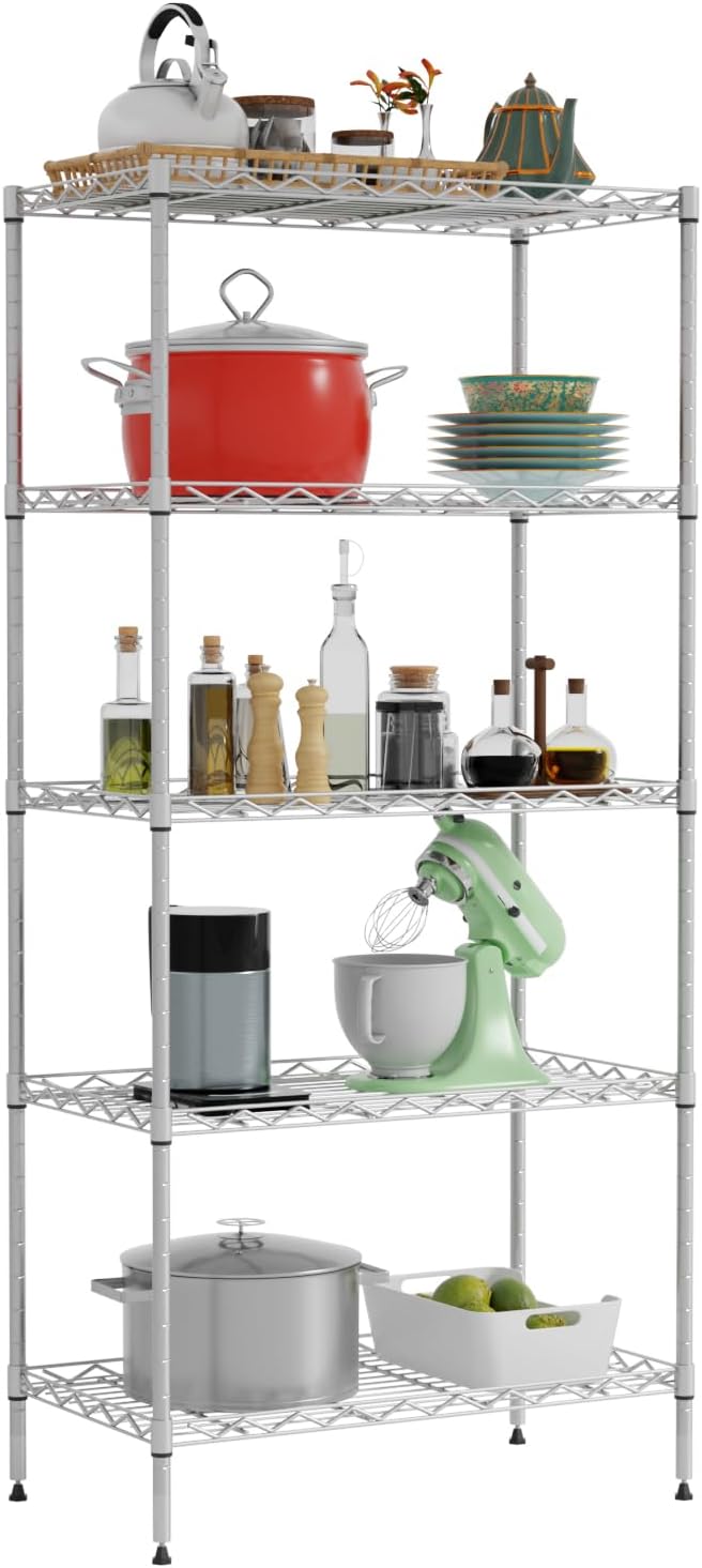 5-Tier Shelves Height Adjustable Storage Shelves Shelving Unit 21”Dx11”Wx48”H Wire Shelving NSF Certified Storage Shelf with Leveling Feet for Home Kitchen Garage, Chrome