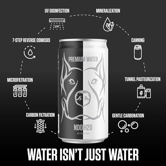 NDO H2O Premium Purified Water Case - 24 Pack (8.4 fl oz, Sparkling) | Reverse Osmosis Canned Water | Tested for Over 400 Impurities | Purified, Carbonated & Balanced | Alkaline & Minerals