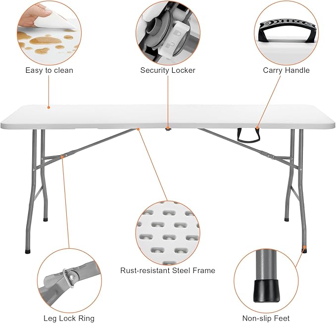 SKOK 330lbs Folding Table 6ft, Plastic Picnic Table Portable with Handle, 6 Foot Folding Table Long with Thicker Tabletop, White Tailgating Utility Commercial Craft Foldable Table for Party & Events