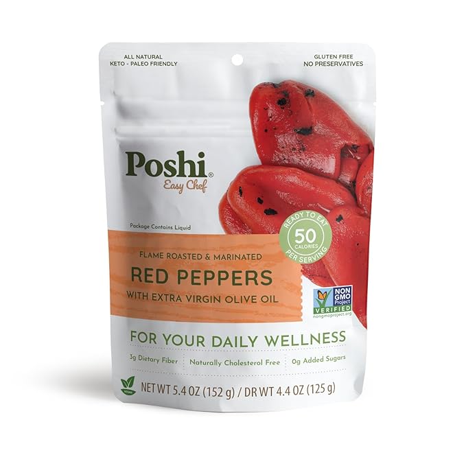 POSHI Flame Roasted Red Peppers in Extra Virgin Olive Oil Natural, Keto, Vegan, Non GMO, Low Carb + Calorie, Gluten Free, Ready to Eat, Fully Cooked Vegetables, Pentry Food, Gourmet, 6 Pack, 5.4 oz
