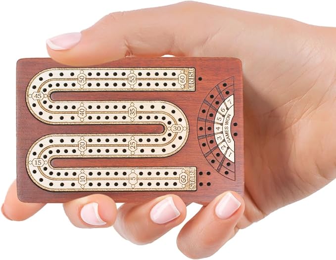 2 Track - Wooden Travel - Pocket Size Cribbage Board - Size: 4.75 Inch - Storage Space for Cribbage Pegs - Score Marking Fields for Won Games - 60 Points - Non Continuous