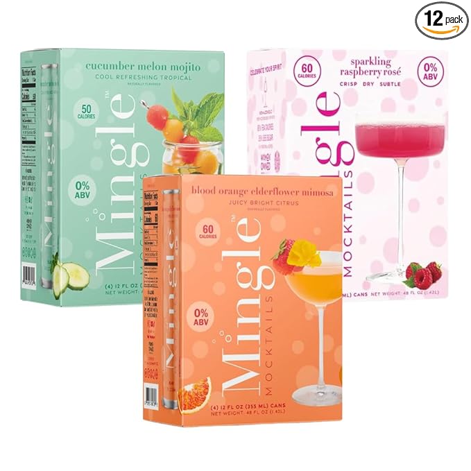Mingle Mocktails Variety Pack, Premium Non-Alcoholic Drinks, Cucumber Melon Mojito, Blood Orange Mimosa, Raspberry Rose, Zesty Pre-Mixed Drinks, Canned Mocktails, 12 fl. oz. Cans, Pack of 12