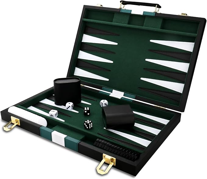 Backgammon Set - Classic Board Game with Premium Leather Case - Portable Travel Strategy Backgammon Game Set for Adults, Kids (11inch, Black)