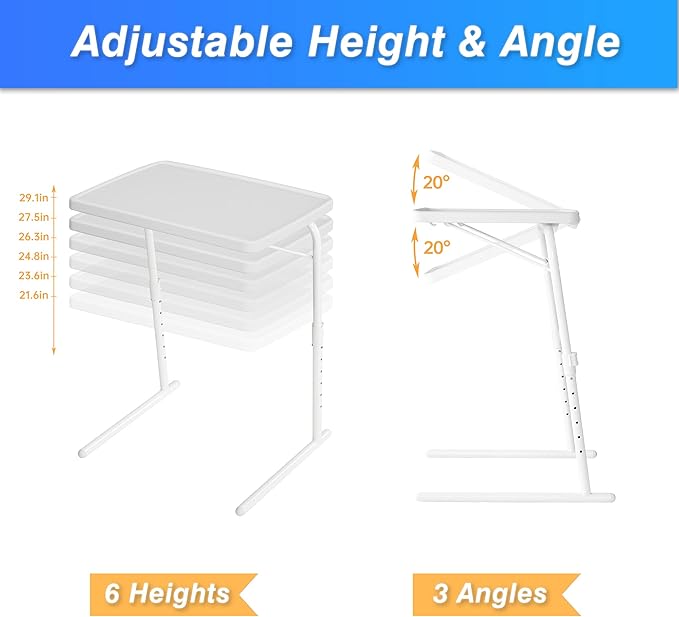 Allpop Max TV Tray Table, Large TV Dinner Tray for Eating, Adjustable Tray Stand on Couch & Bed, Folding Laptop Table with 6 Heights & 3 Tilt Angles, White