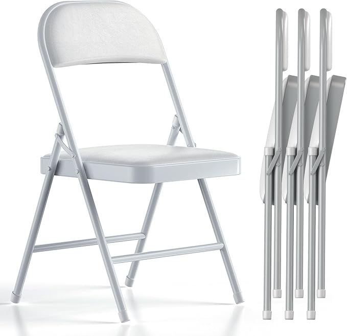 Nazhura 4 Pack Folding Chairs with Padded Cushion and Back, Khaki Metal Chairs with Comfortable Cushion and Durable Steel Frame for Home and Office, for Indoor and Outdoor Events (White, 4 Pack)