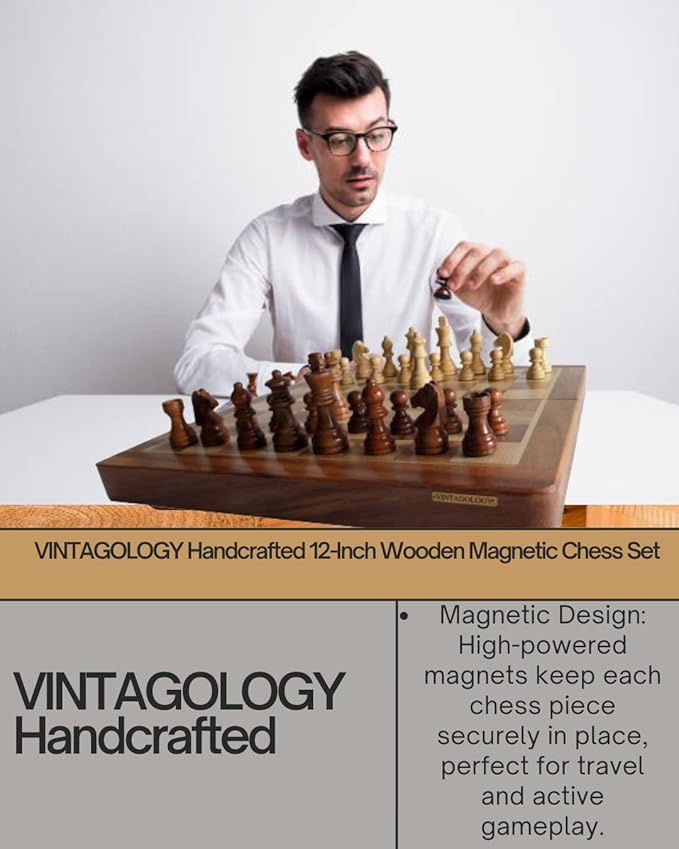 VINTAGOLOGY Acacia Wooden Folding Chess Board - Handcrafted Natural Finish, Ideal for Home Decor, Family Game Nights, Travel, and Collectors -12 inch