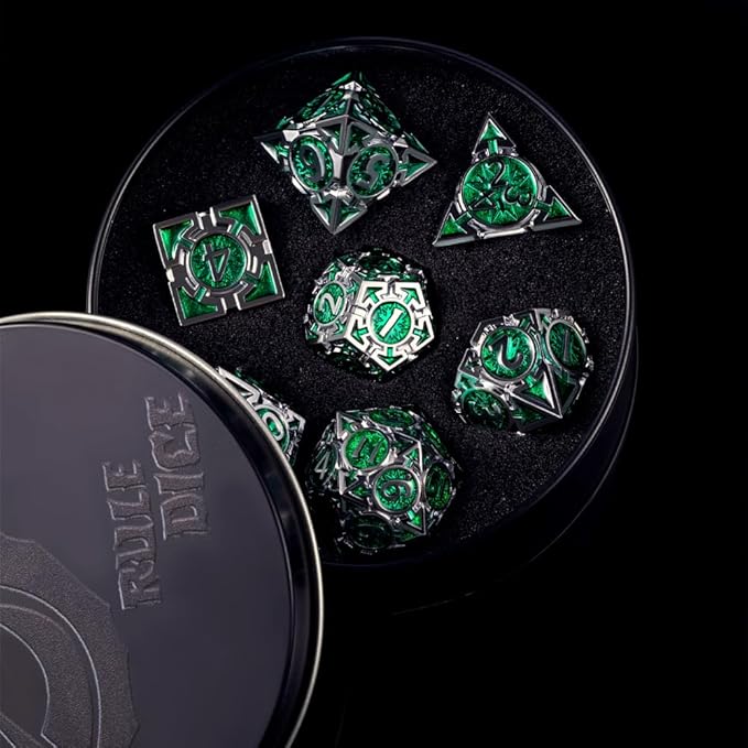 RULE DICE DND Metal Dice Set, D&D Dungeons and Dragons Dice, Cool Large Weighted 7 die Green Metal DND Dice Set, RPG MTG Role Playing Polyhedral Dice Set with D & D Gifts Box, D and D Dice Set