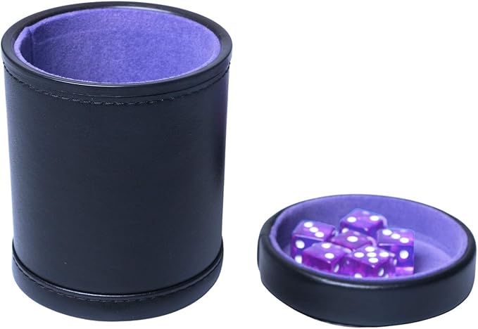PU Leather Dice Cup with Lid, Purple Velvet Interior Quiet Dice Shaker Cup Including 6 Purple Translucent Dice for Liars Dice/ Farkle/ Yahtzee Games, 1 Pack