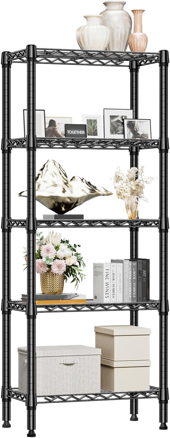 1250 lbs 5 Tier Shelf Metal Storage Shelves Wire Rack Closet Organizers for Garage Kitchen Bathroom Laundry Black 11.8" D x 23.6" W x 59.5" H