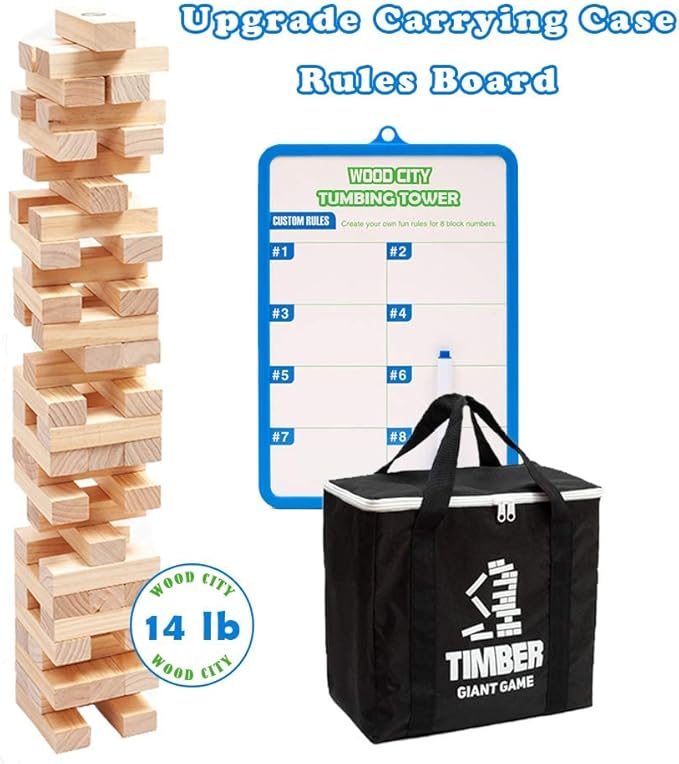 WOOD CITY Giant Tumbling Timber Tower Game (Stacking from 2 to 4 Feet), Classic Jumbo Outdoor Game for Adults Kids Family, 54 Pieces Premium Pine Wood Blocks Toy