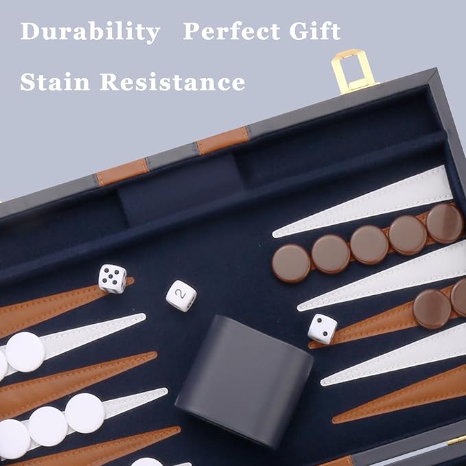 Backgammon Set - Classic Board Game with Premium Leather Case - Portable Travel Strategy Backgammon Game Set for Adults, Kids - Suitable as (15inch, Navy)
