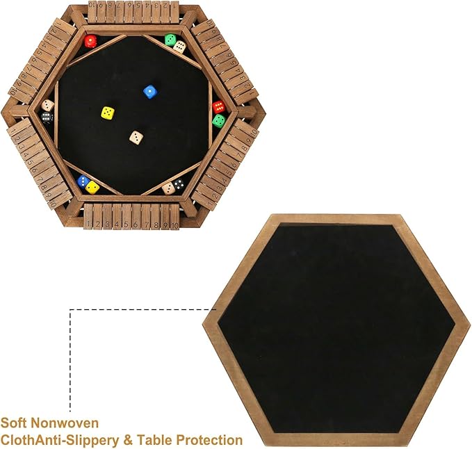 Exqline Shut The Box Game for 2-6 Players, Wooden Board Table Math Game with 14 Dice, 6 Way Classic Puzzle Board Games for Home Classroom or Pub