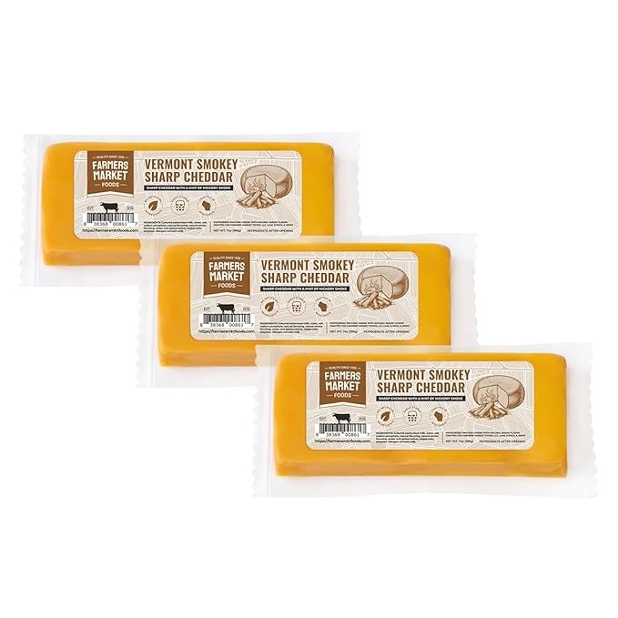 Farmers' Market Vermont Smokey Sharp Cheddar Cheese Block 7oz, Shelf Stable, Locally Sourced Wisconsin Cheese, All Natural Cheese Snack, Perfect for Slicing and Shredding, 3-Pack