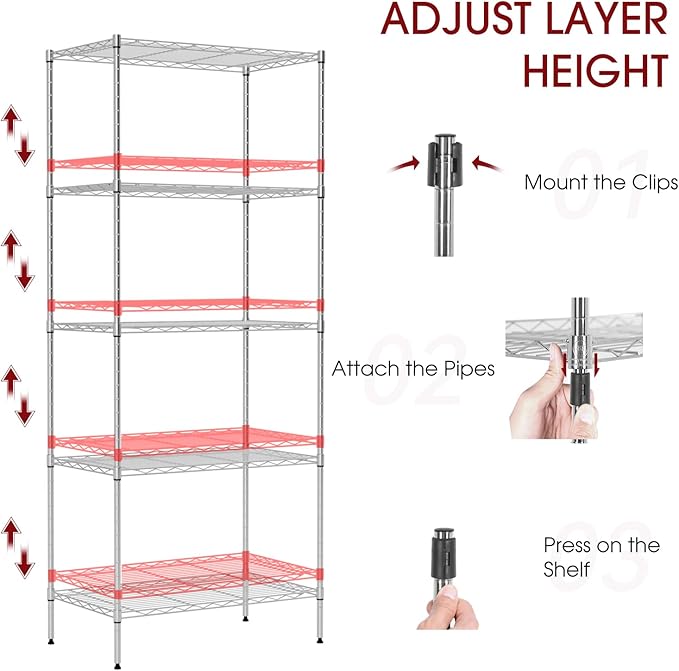 Large Wire Shelving Unit 5-Tier Metal Storage Shelves Heavy Duty Garage Shelving Adjustable Storage Shelf Rack with Leveling Feet for Home Kitchen Garage, 14" Dx23.8 Wx60 H, Chrome