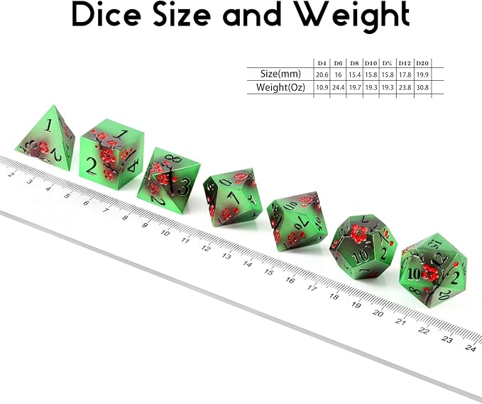Metal Dice Set D&D, DNDND 7 PCS Metallic Flowers DND Dice with Gorgeous Gift Case for D&D Dungeons and Dragon Tabletop Game (Green and Red)