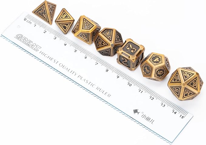 Retro Fantasy Metal Style 7pcs DND Dice Set with Beautiful Gift Box for Dungeons and Dragons MTR PRG Tabletop Games (Brass)