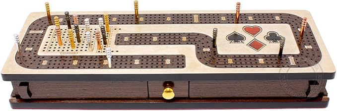 Continuous Cribbage Board/Box Inlaid in Maple/Wenge Wood: 4 Track - Cards and Pegs Storage Drawer with Score Marking Fields for Skunks, Corners and Won Games