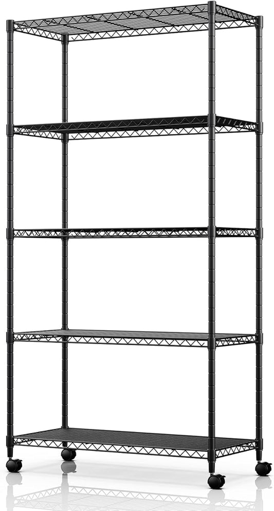 YSSOA Heavy Duty 5-Shelf Storage Shelving Unit, 1250lbs Loading Capacity, 29.92" D x 13.98" W x 62.99" H Adjustable Steel Organizer Wire Rack, Black