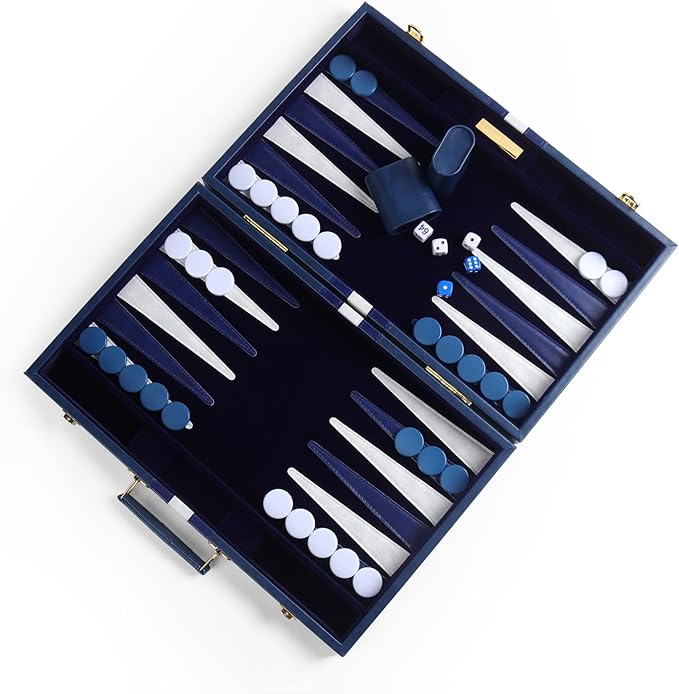 Travel Large 18 Inch Backgammon Blue Sets Classic Board Game with Premium Leather Case, Portable Travels Strategy Backgammon Game Set for Adults, Kids (Blue, Large)