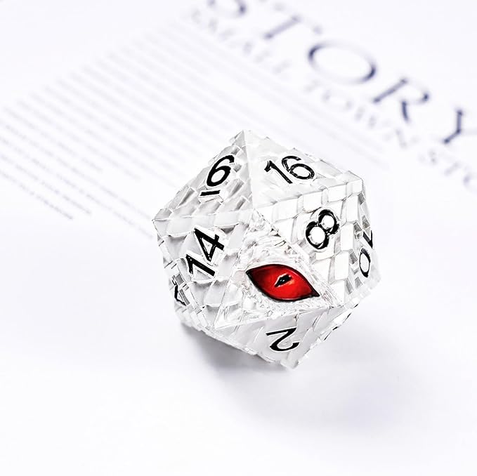 Metal D20 DND Dice Set - Dragon Scale Metallic 20 Sided Giant Polyhedral Dice,35mm Large Dragon Eye Metal D&D Dice Set for Dungeons and Dragon Tabletop Game(White Dragon Scale)