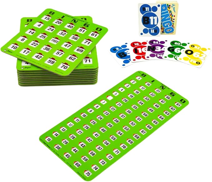 Regal Bingo 50 Bingo Cards with Sliding Windows, Bingo Calling Cards Deck & Master Board Bulk Kit - Reusable Large Print Bingo Game Set for Adults & Seniors Large Group - (Jumbo, Green)