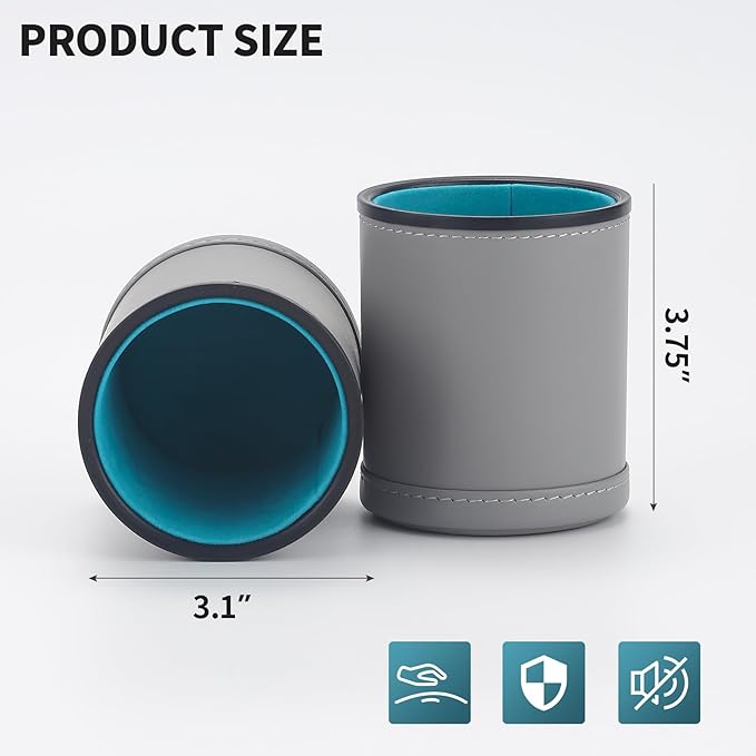 5 Pack PU Leather Dice Cups Velvet Felt-Lined Shaker Cups with 30 Dot Dice for Bar Party Yahtzee Farkle Dice Games, Grey