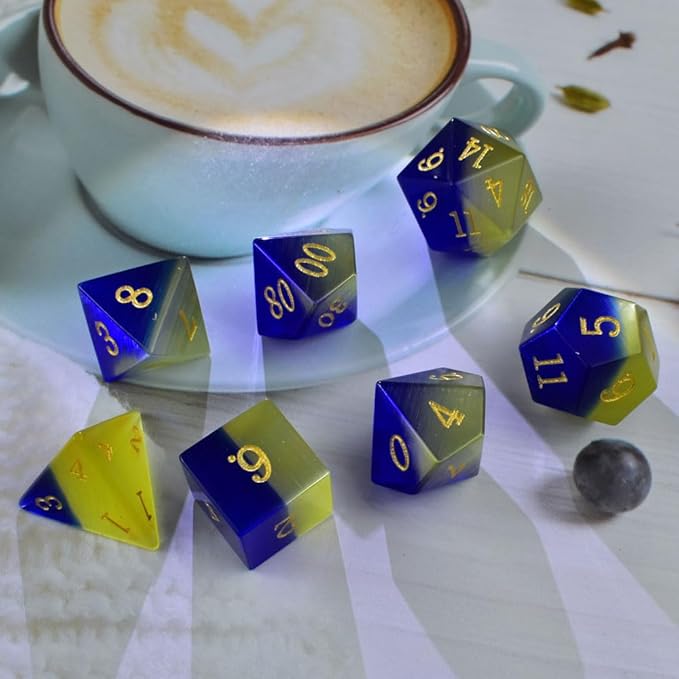 Gemstone DND Dice Set Blue&Yellow Opal Dice Set 7PCS D&D Dice Polyhedral Dice Set Glitter DND Dice Set(Cat's Eyes)