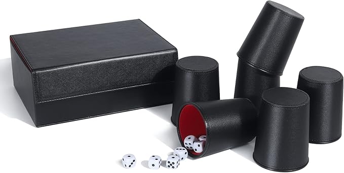 Leather Dice Cup Set, 6 Dice Cups+30 Dice+1 Folding Tray Exclusive Storage and Transport Case Made of Faux (Black Red)