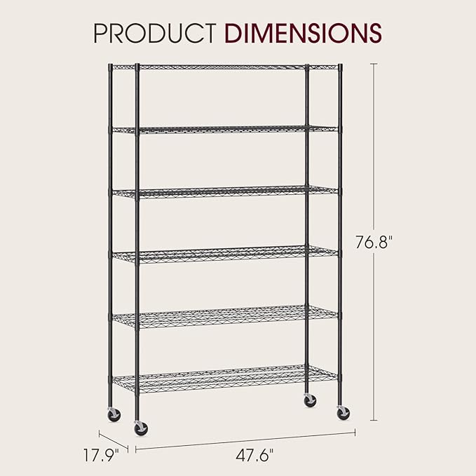 BestOffice 18x48x77 Storage Shelves Commercial Heavy Duty Metal Shelves Garage Organizer Wire Rack Shelving Storage Unit Shelf Adjustable Utility 6000 LBS Capacity,Black
