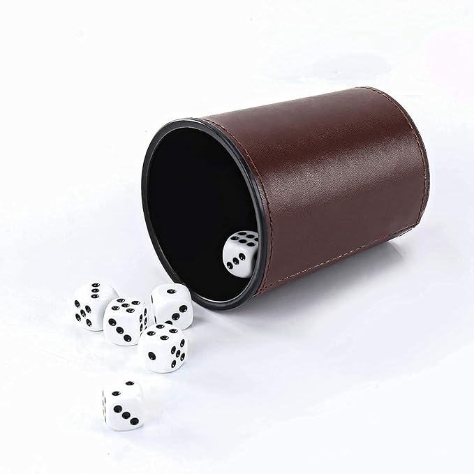 2 Set Leather Dice Cup Set, 10x Dice Cups + 50 Dice + Exclusive Storage and Transport Case Made of Faux (2 Pack Brown)