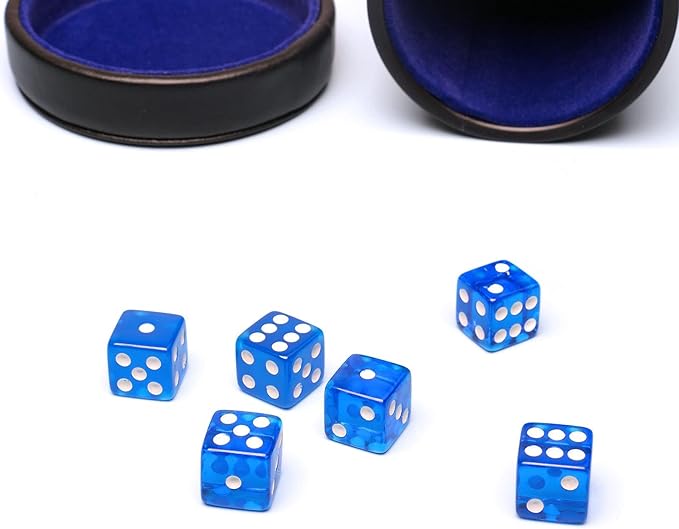 PU Leather Dice Cup with Lid, Blue Velvet Interior Quiet Dice Shaker Cup Including 6 BlueTranslucent Dice for Liars/Farkle/Yahtzee Games, 1 Pack