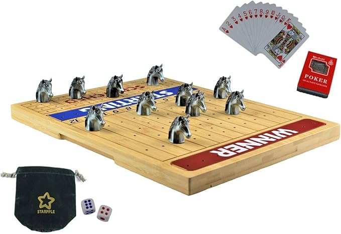 Metal Horse Race Board Game Set with Horse Racing Thick & Solid Wood Game Board, 11 Luxurious & Durable Classic Silver Colored Metal Craft Horses, Dice and Cards for Horseracing (HR-551)