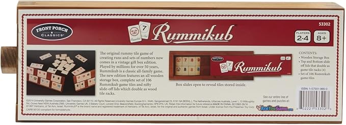 Front Porch Classics, Rummikub Vintage Edition in All-Wood Storage Case with 4 Built-in Player Trays and 106 Rummikub Tiles, for 2 to 4 Players Ages 8 and Up